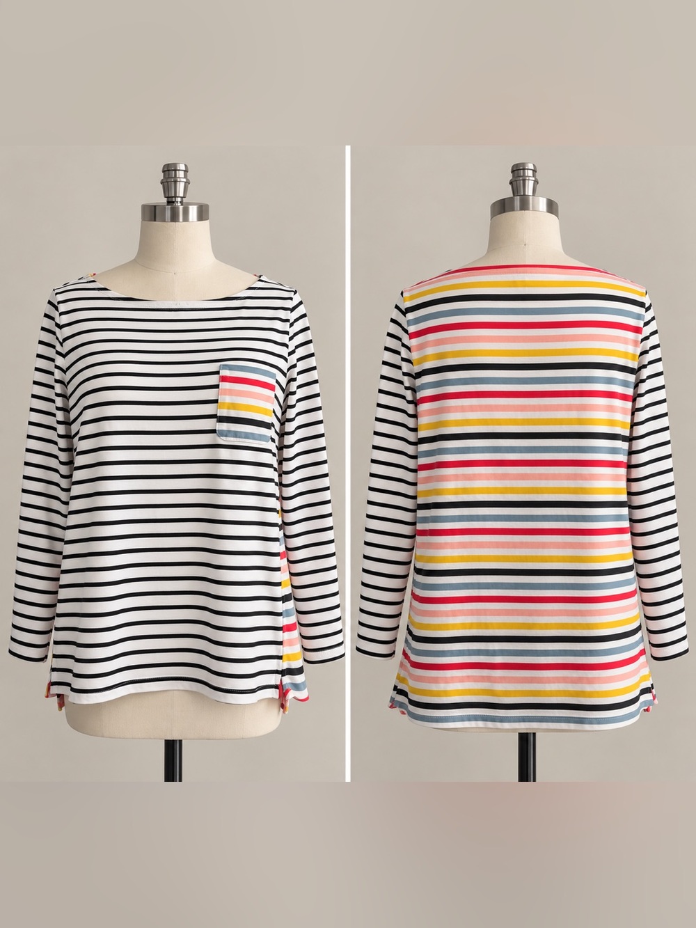 Boden Black & White Striped Long-Sleeve Tee with Multicolor Pocket & Back
